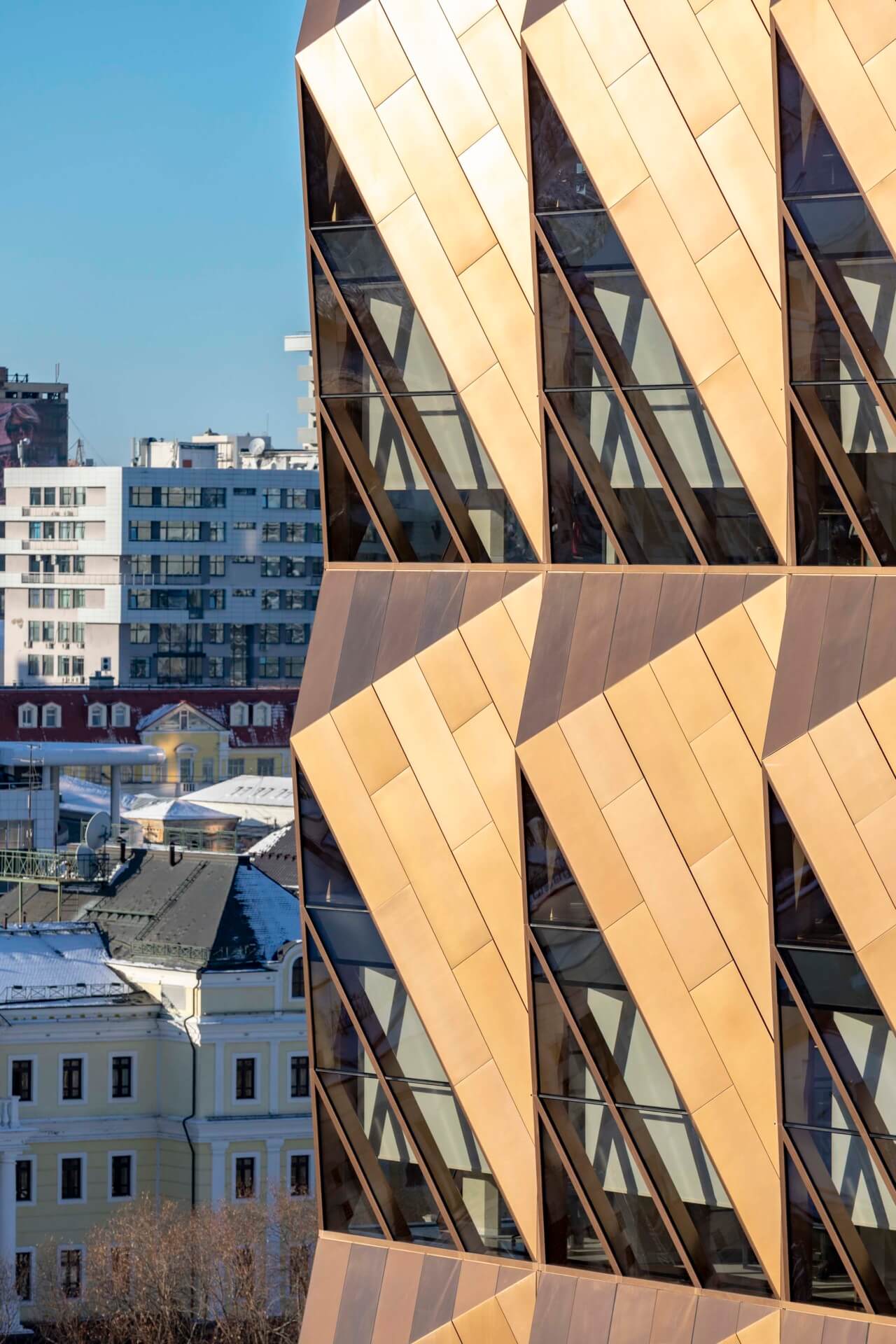 detail of the geometry of the facade at the the new russian copper company headquarters