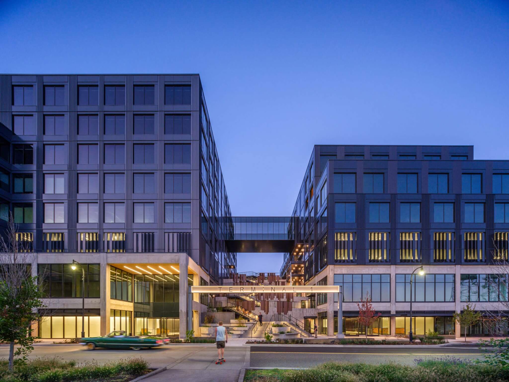 West of West drapes Vancouver, Washington’s Terminal One in folded metal panels that catch light and shadow