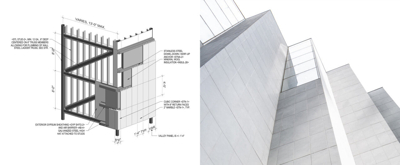 diagram of facade components and close up image