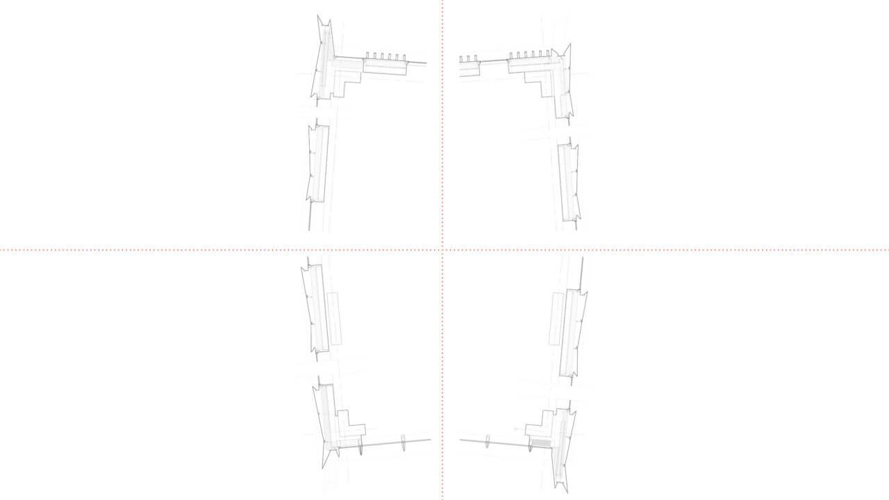 a plan section of a quartered building arranged around a central mechanical core