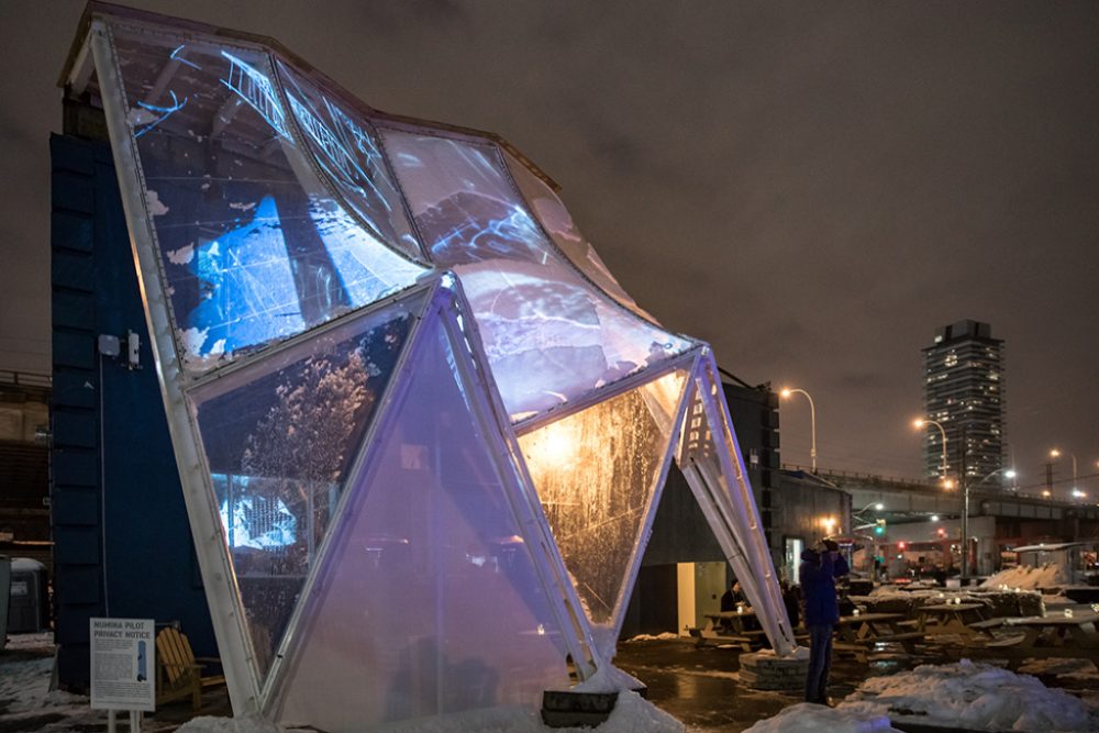 A view of a geometric array of EFTE panels at night, lit from behind with projections.